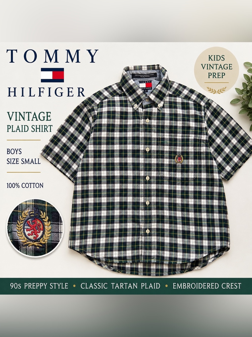 Tommy Hilfiger Boys Green, Navy & White Plaid Button-Down Shirt 100% Cotton